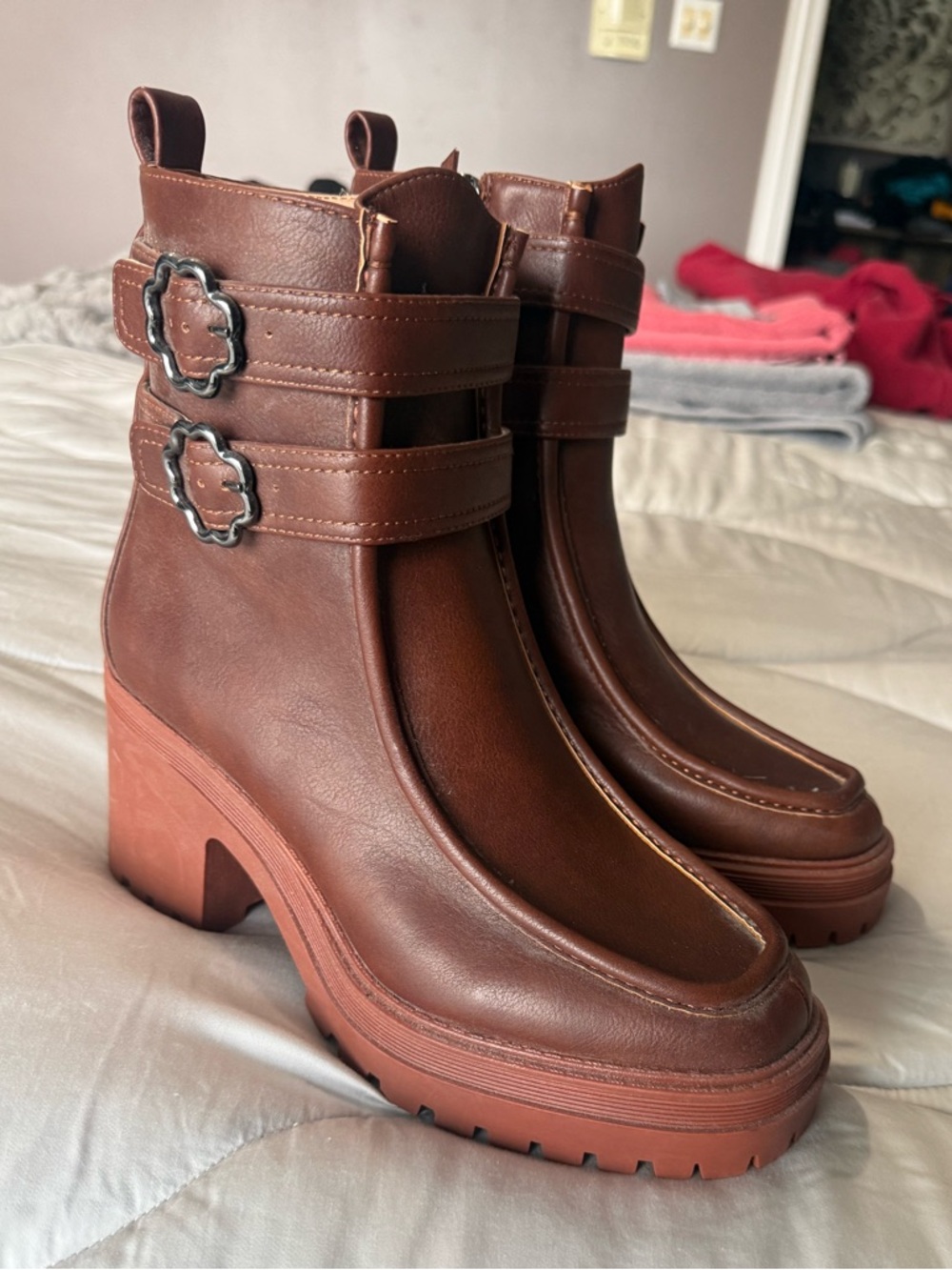Sam & Libby Brown Platform Ankle Boots with Buckle Straps